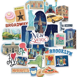 Marineblauwe pioenroos iconische reisstickers staat New York (28 stuks) - gouache-stijl, VS-thema, waterdicht | Stickers vakantie Amerika