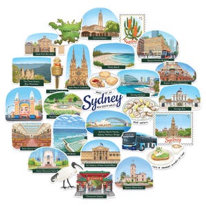 May include: A colorful illustrated map of Sydney, Australia, featuring landmarks like the Sydney Opera House, Harbour Bridge, Taronga Zoo, and Hyde Park Barracks. The map is surrounded by smaller illustrations of various attractions and includes the text "Sydney, New South Wales".