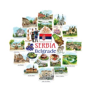 Puede incluir: Un conjunto de pegatinas con el tema de Serbia y Belgrado. Las pegatinas presentan ilustraciones en acuarela de monumentos, comida y símbolos culturales, incluyendo la bandera serbia y un contorno de mapa. También se muestran las palabras "Serbia Belgrade".