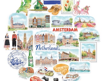 Navy Peony Artistic Netherlands Travel Stickers (29pcs) - Watercolor, Holland, Dutch-Themed Vacation Decals for Journal, Scrapbooks, Tumbler