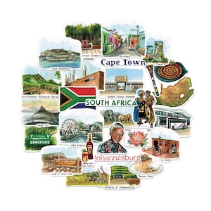 Navy Peony Spirited South Africa Travel Stickers (28pcs) - Hand-Illustrated, Cape Town, African-Themed Decal for Journal, Scrapbook, Luggage