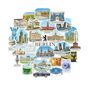 Navy Peony Iconic Berlin Travel Stickers (28pcs)-Gouache Style, Germany, German City-Themed Vacation Decals for Scrapbooks, Journals, Laptop