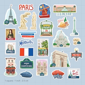 Pegatinas de viaje de París con peonías azul marino (25 unidades) - Estilo gouache, temática francesa, resistentes al agua, para álbumes de recortes, diarios y portátiles imagen 2
