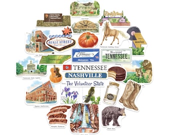 Navy Peony Timeless Tennessee State Travel Stickers - Hand-Illustrated Watercolor, Matte, Die Cut - for Journal, Scrapbook, Postcard (28pcs)