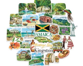 Navy Peony Exotic Jamaica Travel Stickers (28pcs)-Hand-Illustrated, Jamaican, Caribbean-Themed Vacation Decals for Journals, Scrapbooks
