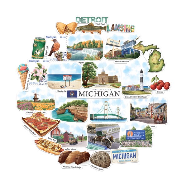 Navy Peony Mighty Michigan reisstickers - handgeschilderde aquarel, mat, gestanst - voor tijdschriften, plakboeken (28 stuks)