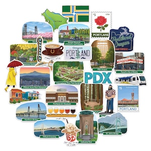 May include: A collection of colorful stickers featuring various landmarks and attractions in Portland, Oregon. The stickers include images of bridges, parks, museums, and other iconic locations. The stickers are perfect for decorating laptops, water bottles, or journals.
