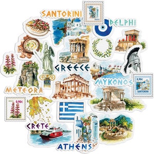 Navy Peony Idyllic Greece Travel Stickers (29 Pieces) - Country Themed | Iconic Vacation Decals for Journals, Scrapbooks, Suitcase