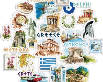 Navy Peony Idyllic Greece Travel Stickers (29 Pieces) - Country Themed | Iconic Vacation Decals for Journals, Scrapbooks, Suitcase