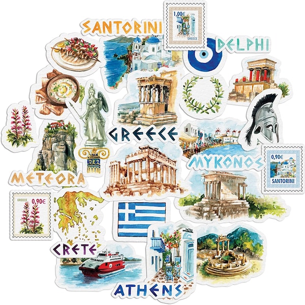 Navy Peony Idyllic Greece Travel Stickers (29 Pieces) - Country Themed | Iconic Vacation Decals for Journals, Scrapbooks, Suitcase