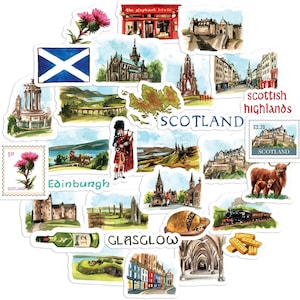 Marineblauwe pioenroos Majestic Schotland reisstickers (30 stuks) - aquarel, waterdicht, Schotse vakantiestickers voor dagboek, plakboek, waterfles