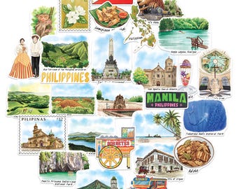 Stickers de voyage Philippines vierges pivoine bleu marine (28 pièces) - Stickers de vacances sur le thème des Philippines, Manille, découpés à l'emporte-pièce pour journaux, albums de coupures, bagages