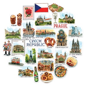 Navy Peony Charming Czech Republic Travel Stickers (28pcs)-Watercolor, Prague, Czechia-Themed Decals for Journals, Scrapbooks, Luggage