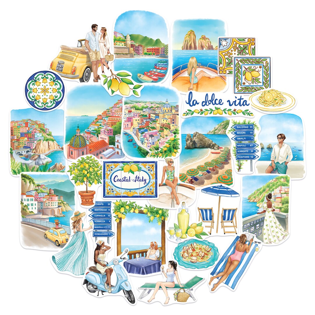 Navy Peony Coastal Italy Travel Stickers (29pcs)-watercolor, Amalfi ...