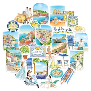 Marineblauwe pioenroos kust Italië reisstickers (29 stuks)-aquarel, Amalfi zomer, vakantiestickers met strandthema voor plakboeken, bidon