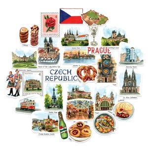 Peut inclure: Une collection d'autocollants à l'aquarelle représentant des monuments, de la nourriture et la culture de la République tchèque. Les illustrations incluent l'horloge astronomique de Prague, le pont Charles, la cathédrale Saint-Guy, le Trdelník, de la bière et le texte 'CZECH REPUBLIC' et 'PRAGUE'.