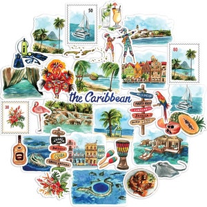 Navy Peony Caribbean Paradise Travel Stickers (31pcs) - Waterproof Tropical Cruise Decals for Journals, Scrapbooks, Water Bottle, Suitcase