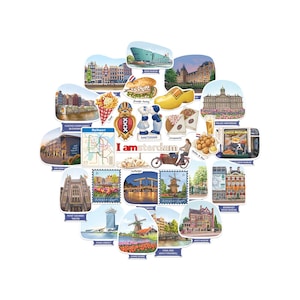 May include: A collection of colorful stickers featuring iconic Amsterdam imagery. Includes images of buildings, food, landmarks, and the text "I am Amsterdam". The stickers are in various shapes and sizes, perfect for travel enthusiasts.