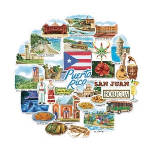 Navy Peony Poetic Puerto Rico Travel Stickers (28pcs) - Hand-Illustrated Puerto Rican-Themed Vacation Decals for Journals, Scrapbooks