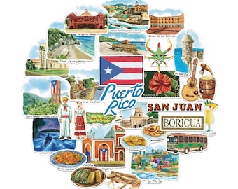 Navy Peony Poetic Puerto Rico Travel Stickers (28pcs) - Hand-Illustrated Puerto Rican-Themed Vacation Decals for Journals, Scrapbooks