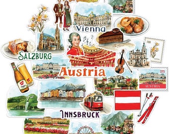 Pegatinas de viaje clásicas de Austria con peonías de la marina (31 unidades): calcomanías de temática rural/vacacional para diarios, álbumes de recortes, botellas y maletas.