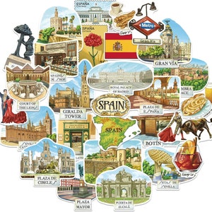 Marineblauwe pioenroos Centraal-Zuid-Spanje reisstickers (28 stuks) - plakkaatverfstijl, Madrid, Sevilla-thema vakantiestickers voor plakboeken, dagboek