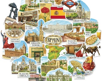 Stickers de voyage pivoine bleu marine du centre et du sud de l'Espagne (28 pièces) - Style gouache, Stickers vacances sur le thème de Madrid, Séville pour albums, carnets