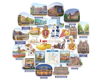 Navy Peony Artsy Amsterdam Travel Stickers (28pcs) – Gouache Style, Holland, Netherlands Decals for Scrapbooks, Journals, Souvenirs