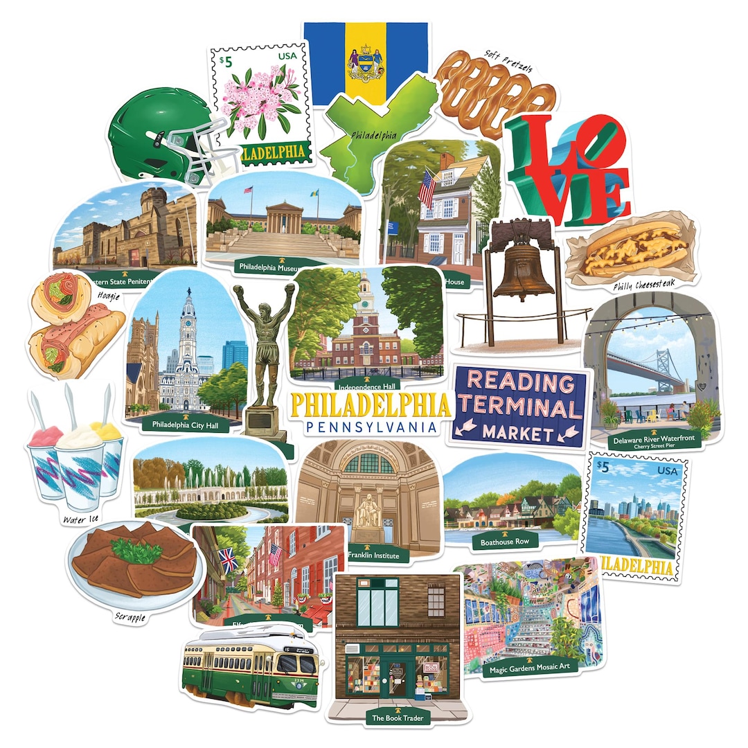Philadelphia Sticker Navy Peony Artistic Philadelphia Travel Stickers (28pcs)-gouache Style ...