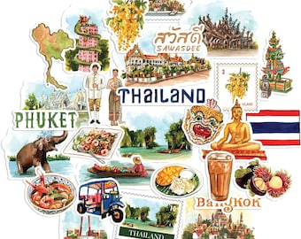 Adesivi da viaggio con peonie blu navy e immagini della Thailandia (30 pezzi) - Decalcomanie iconiche a tema viaggio con acquerelli, perfette per diari, album di ritagli e bottiglie d'acqua.