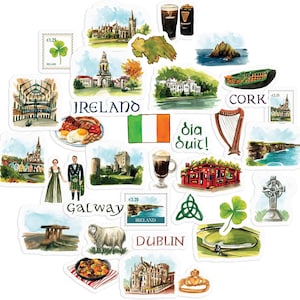 Navy Peony Emerald Ireland Travel Stickers (30st) - aquarel, waterdicht, Ierse vakantiestickers voor tijdschriften, plakboeken, waterflessen