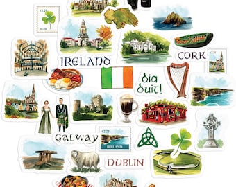Navy Peony Emerald Ireland Travel Stickers (30pcs) - Watercolor, Waterproof, Irish Vacation Decals for Journals, Scrapbooks, Water Bottles