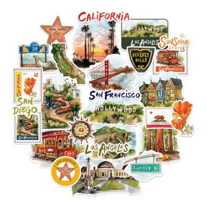 Marineblauwe pioenroos Sunny California State reisstickers (30 stuks) - aquarel, VS-thema, waterdicht | America Adventure-stickers voor plakboek