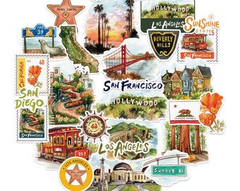 Pegatinas de viaje del estado de California con peonías azul marino (27 unidades) - Acuarela, temática de EE. UU., impermeables / Pegatinas de aventura americana para álbum de recortes