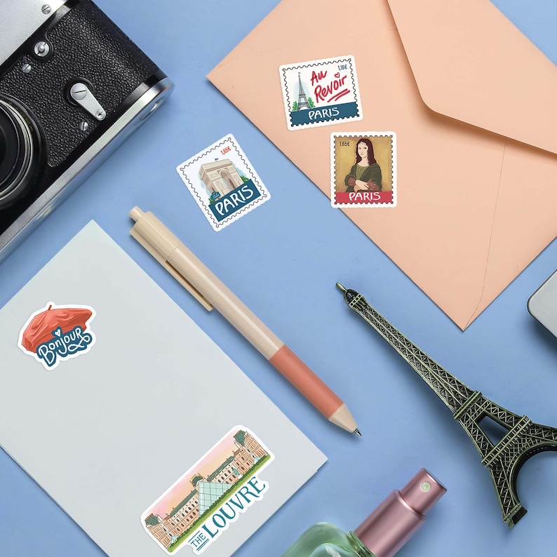 Pegatinas de viaje de París con peonías azul marino (25 unidades) - Estilo gouache, temática francesa, resistentes al agua, para álbumes de recortes, diarios y portátiles imagen 5
