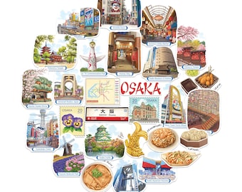 Navy Peony Timeless Osaka Reiseaufkleber (28 Stück) - Handillustrierte, Japan Kansai Region-Themed Urlaubsaufkleber für Journals, Scrapbooks