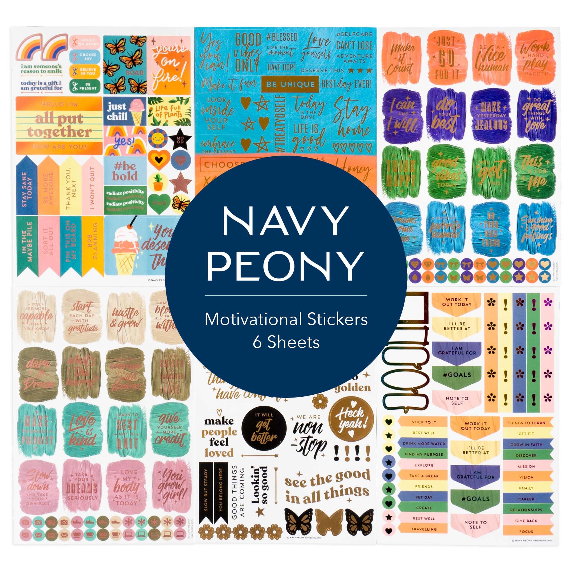 Navy Peony Motivational Vision Boards Quote Stickers (51 Pieces)