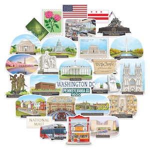 Adesivos de viagem Navy Peony Monumental Washington DC (28 unidades) - Aquarela, Capital dos EUA, decalques com tema americano para scrapbooking, diário