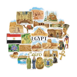 Navy Peony Ancient Egypt Travel Stickers (28pcs) - Hand-Illustrated, Desert, Egyptian-Themed Vacation Decals for Journals, Scrapbooks