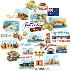 Navy Peony Outback Australia reisstickers (32 stuks) - aquarel, waterdicht, landelijke vakantiestickers voor dagboek, plakboek, waterfles