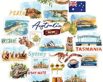 Adesivi da viaggio con peonie blu navy nell'entroterra australiano (32 pezzi) - Acquerello, impermeabili, adesivi per vacanze in campagna per diario, album di ritagli, borraccia