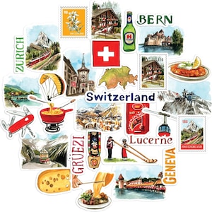 Navy Peony Stunning Switzerland Travel Stickers (31pcs)-Watercolor, Waterproof, Country Vacation Decals for Journal, Scrapbook, Water Bottle