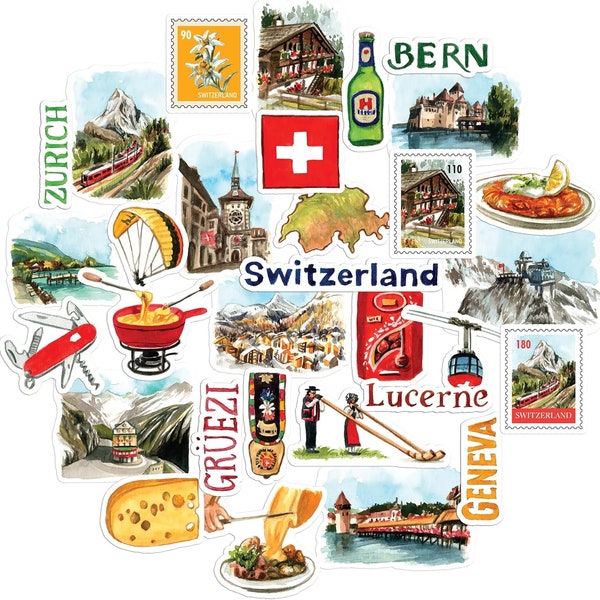 Navy Peony Stunning Switzerland Travel Stickers (31pcs)-Watercolor, Waterproof, Country Vacation Decals for Journal, Scrapbook, Water Bottle