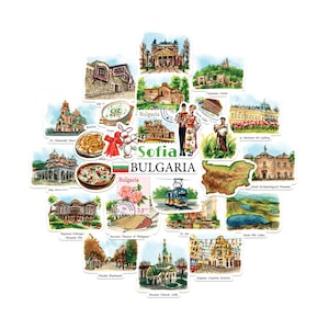 May include: A collection of watercolor-style stickers featuring landmarks and cultural elements of Sofia, Bulgaria. The stickers include images of buildings, landscapes, and traditional attire, with the text "Sofia Bulgaria" prominently displayed.