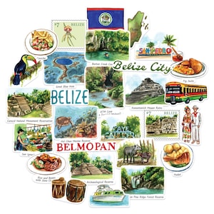May include: A collection of watercolor stickers featuring Belizean landmarks, food, and culture. The stickers include images of the Great Blue Hole, Mayan ruins, local cuisine, and the Belizean flag. The stickers are colorful and detailed, showcasing the beauty of Belize.