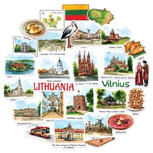 Navy Peony Historic Lithuania Travel Stickers (28pcs) - Hand Illustrated, Vilnius, Baltic-Themed Decals for Journals, Scrapbooks, Luggage