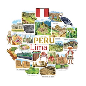 Peut inclure: Un ensemble d'autocollants colorés représentant des sites et des éléments culturels du Pérou. Les autocollants incluent des images du Machu Picchu, des lignes de Nazca et le drapeau péruvien, avec les mots "PERU" et "Lima".