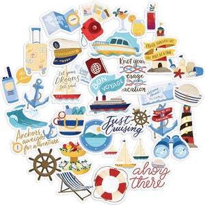 Adesivos de viagem relaxantes de peônia da Marinha (30 unidades) - aquarela, decalque de navio de cruzeiro à prova d'água para diário, álbum de recortes, garrafa de água, mala
