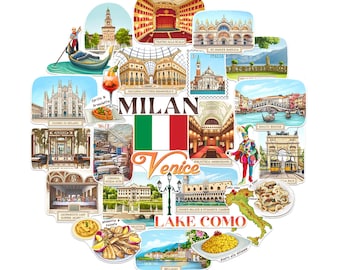 May include: A colorful illustration of famous landmarks in Milan, Venice, and Lake Como, Italy. The illustration is in the shape of a heart and features images of the Duomo di Milano, Teatro alla Scala, St. Mark's Basilica, Rialto Bridge, Doge's Palace, and more.