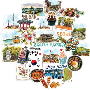 Pegatinas de viaje con paisajes de Corea del Sur y peonías de la marina (30 unidades) - Acuarela, resistentes al agua, calcomanías de vacaciones en Seúl para diario, álbum de recortes, botella de agua